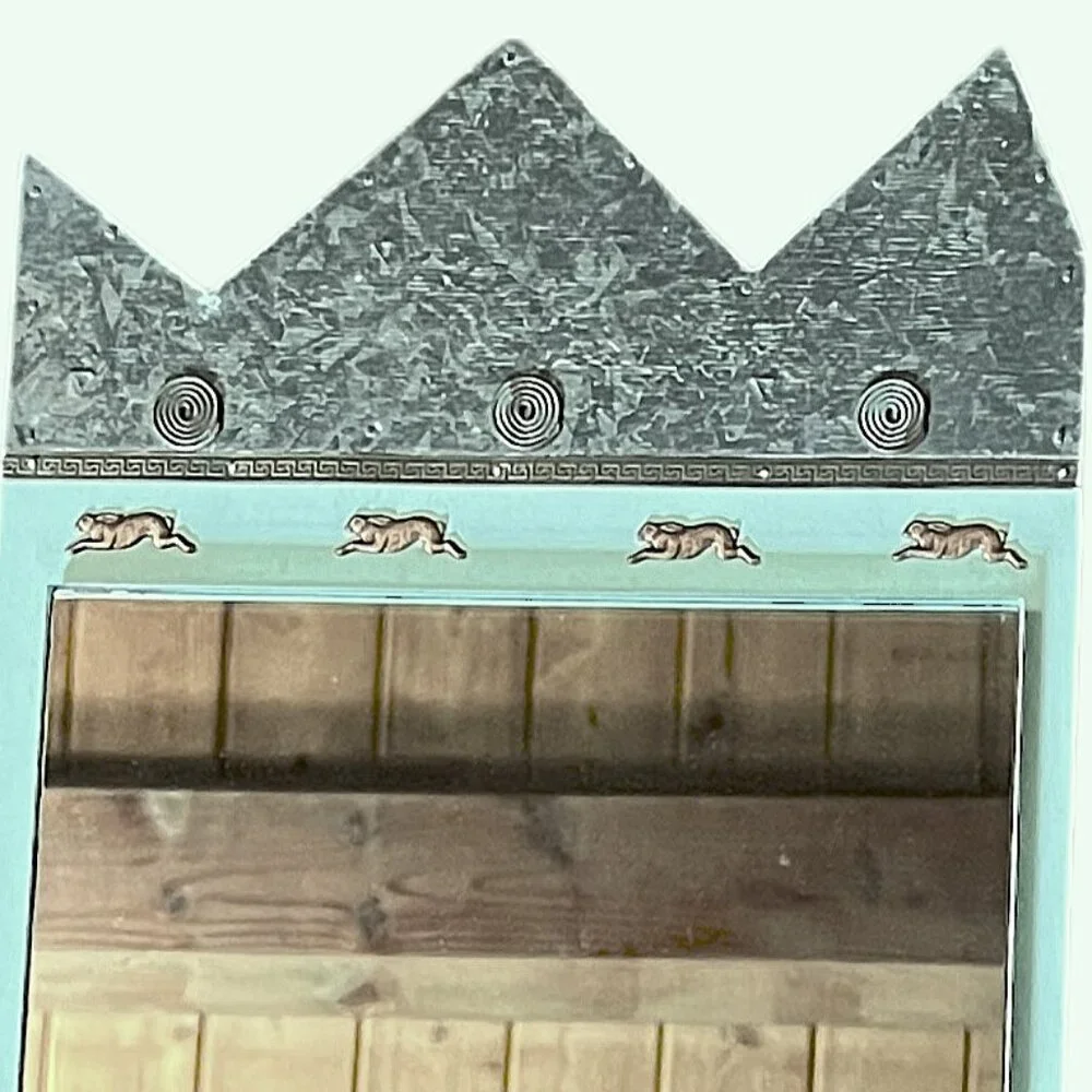 Vintage Handmade Sage Green Alice in Wonderland Themed Mirror on Wood w/Trinkets